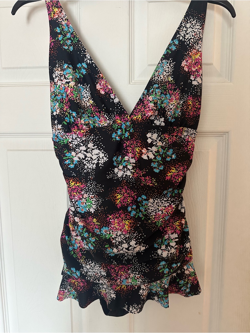 Black Floral V-Neck Swim dresswith Flounce Hem